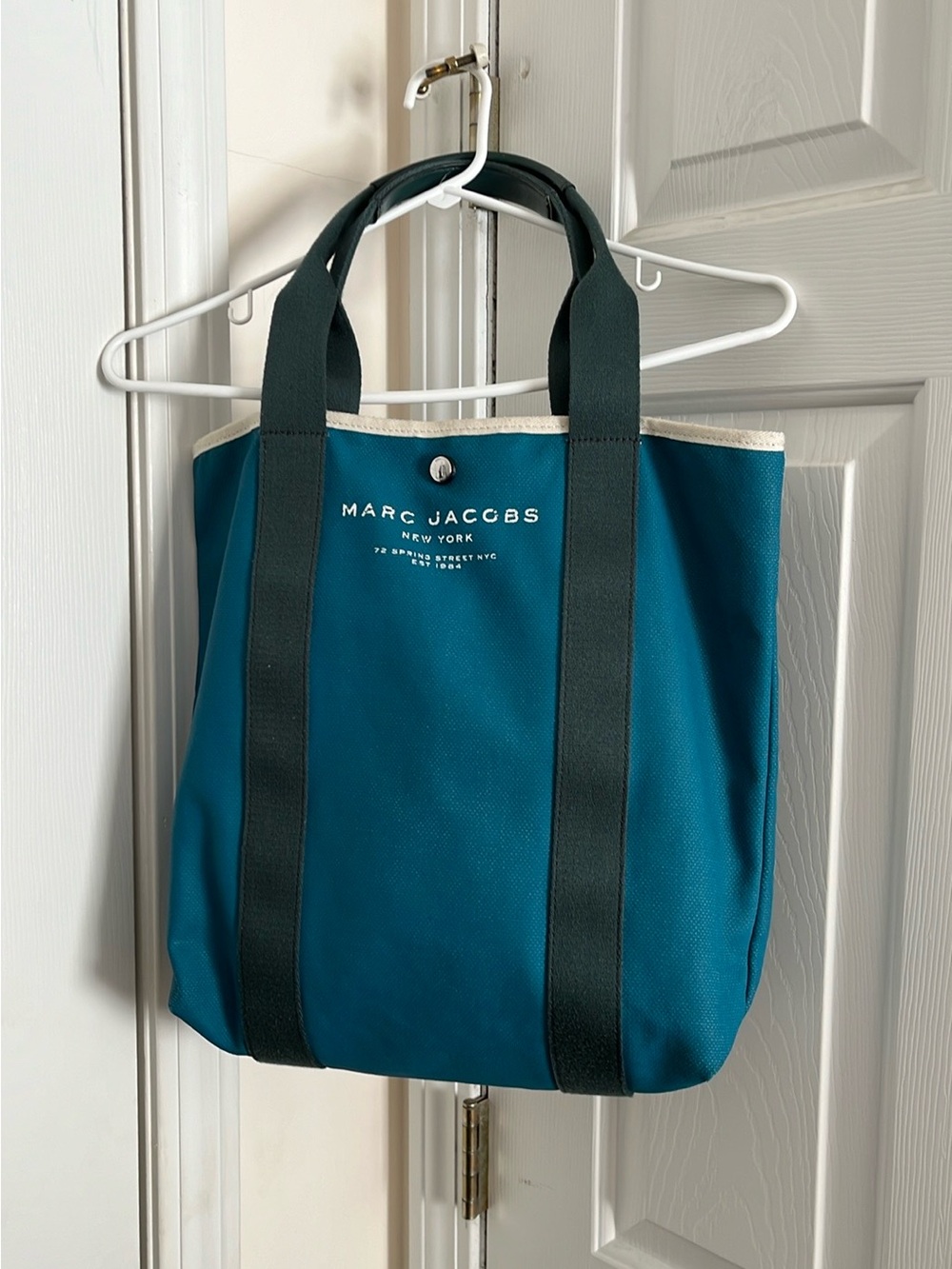 Marc Jacobs Teal Canvas  Tote with Dark Green Straps like new clean interior